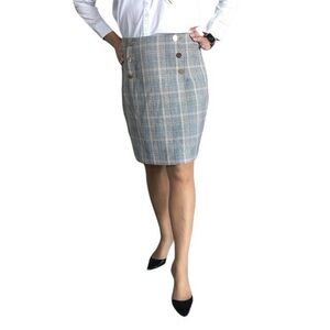 H&M muted plaid pencil skirt 6 buttons on front back zipper & slit size 10
